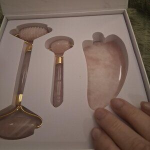 2 Brazilian Rose Quartz Crystal High Quality Facial Rollers Massagers + Gua Sha